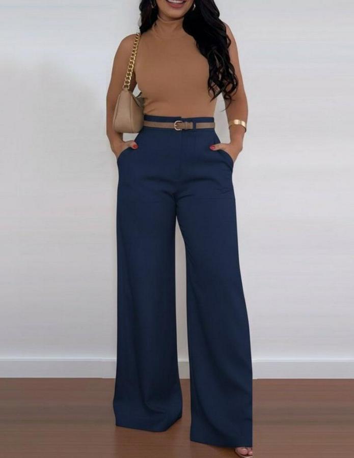 Yüksek Bel Geniş Paça Detaylı Cepli Ithal Krep Pantolon