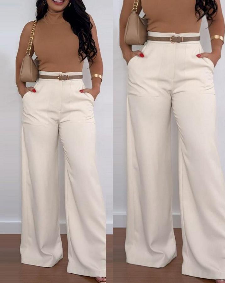 Yüksek Bel Geniş Paça Detaylı Cepli Ithal Krep Pantolon