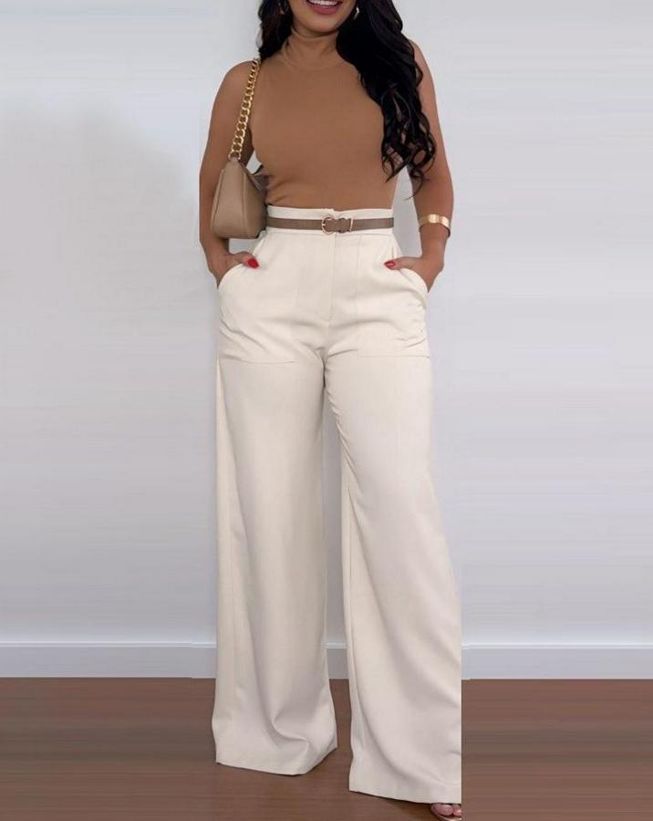 Yüksek Bel Geniş Paça Detaylı Cepli Ithal Krep Pantolon