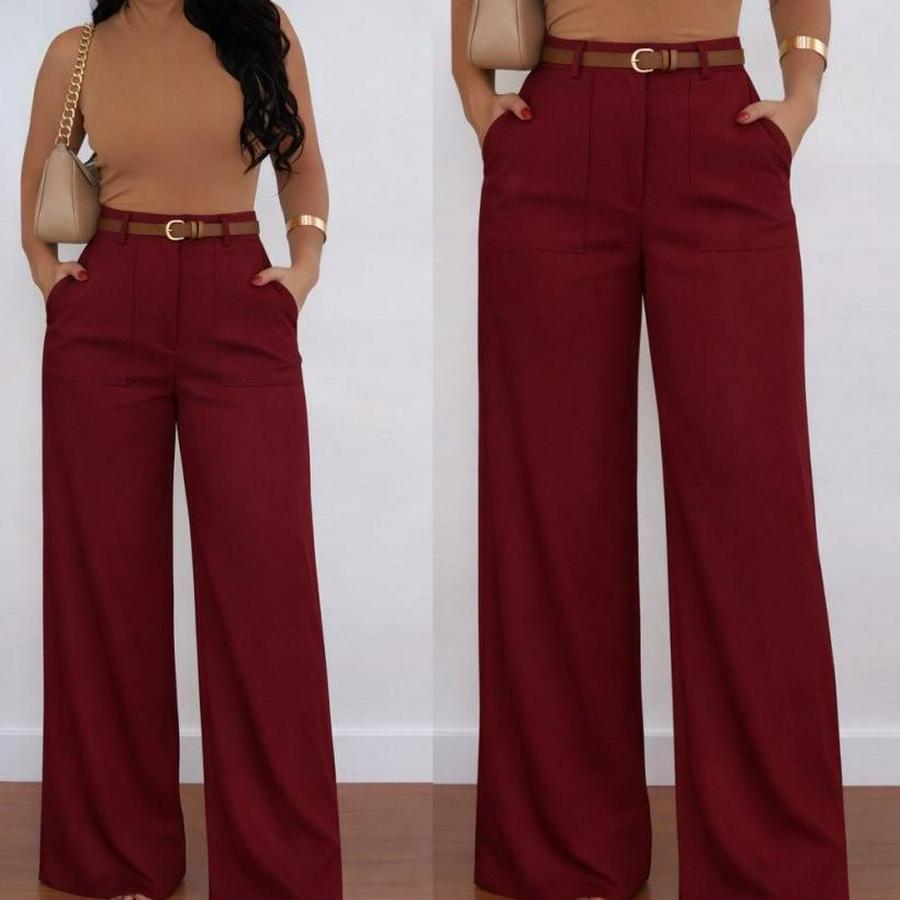 Yüksek Bel Geniş Paça Detaylı Cepli Ithal Krep Pantolon