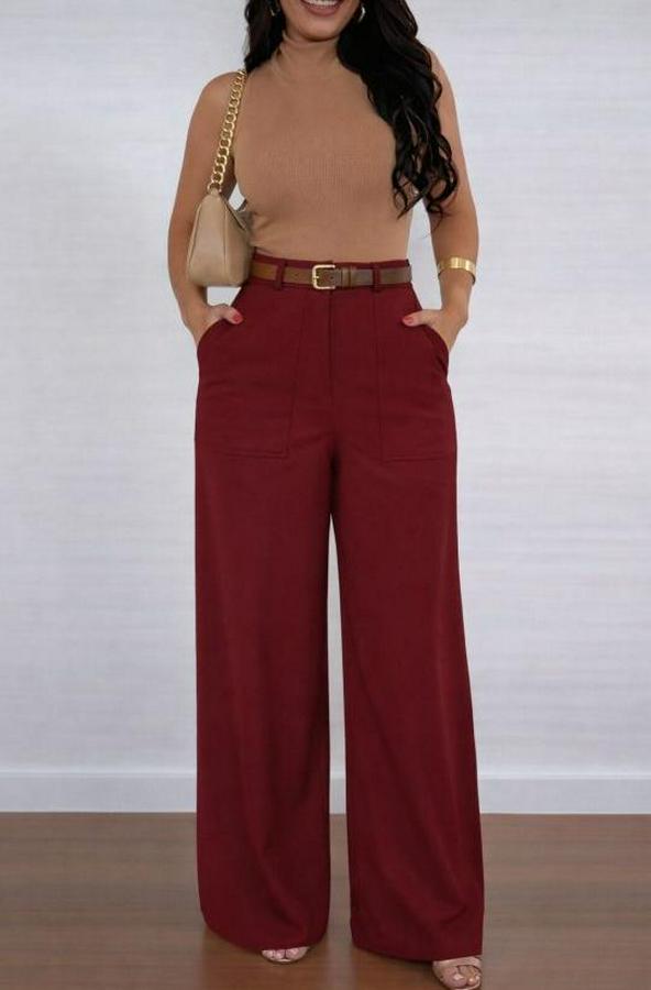 Yüksek Bel Geniş Paça Detaylı Cepli Ithal Krep Pantolon