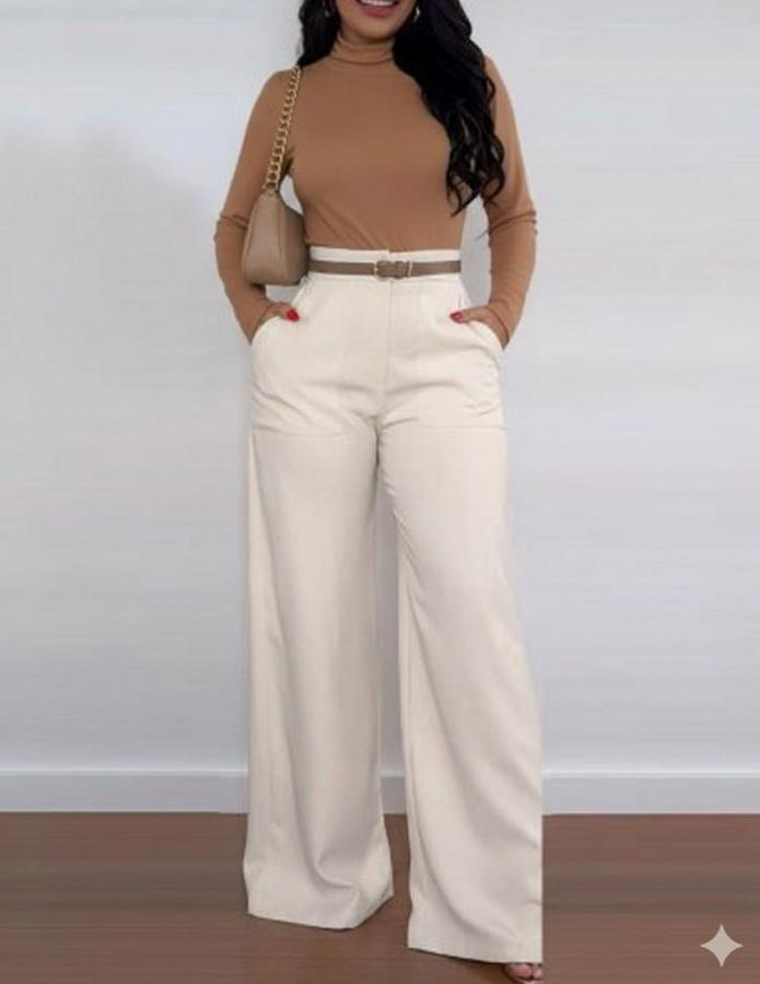 Yüksek Bel Geniş Paça Detaylı Cepli Ithal Krep Pantolon