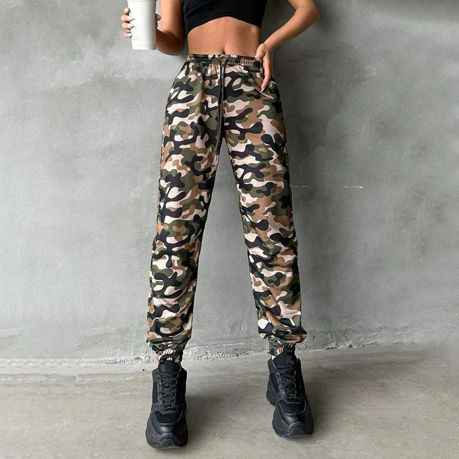 Yüksek Bel Kamuflaj Baskılı Bileği Lastik Detay Iki Iplik Pantolon