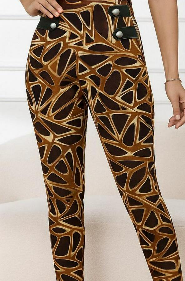 Yüksek Bel Kaz Ayağı Desenli Yan Şerit Düğme Detaylı Dalgıç Pantolon