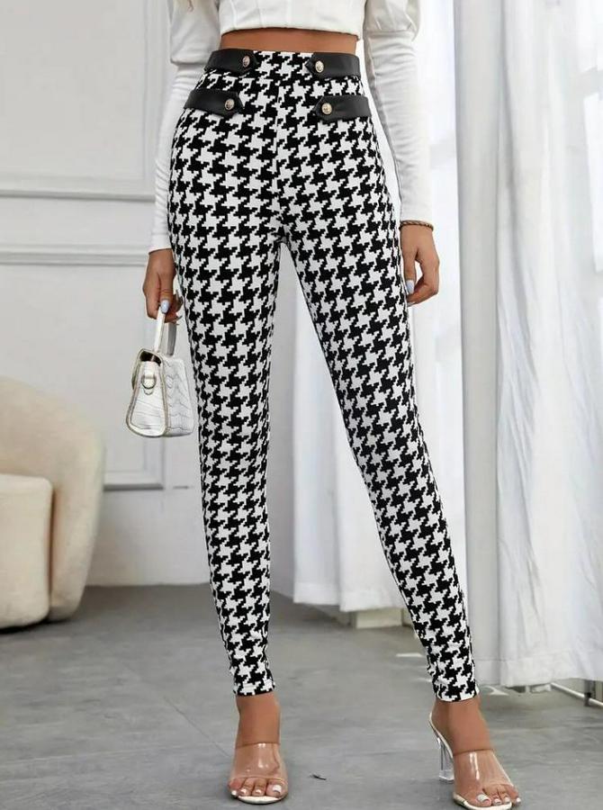 Yüksek Bel Kaz Ayağı Desenli Yan Şerit Düğme Detaylı Dalgıç Pantolon