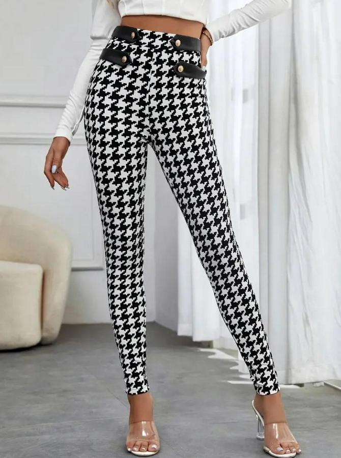 Yüksek Bel Kaz Ayağı Desenli Yan Şerit Düğme Detaylı Dalgıç Pantolon