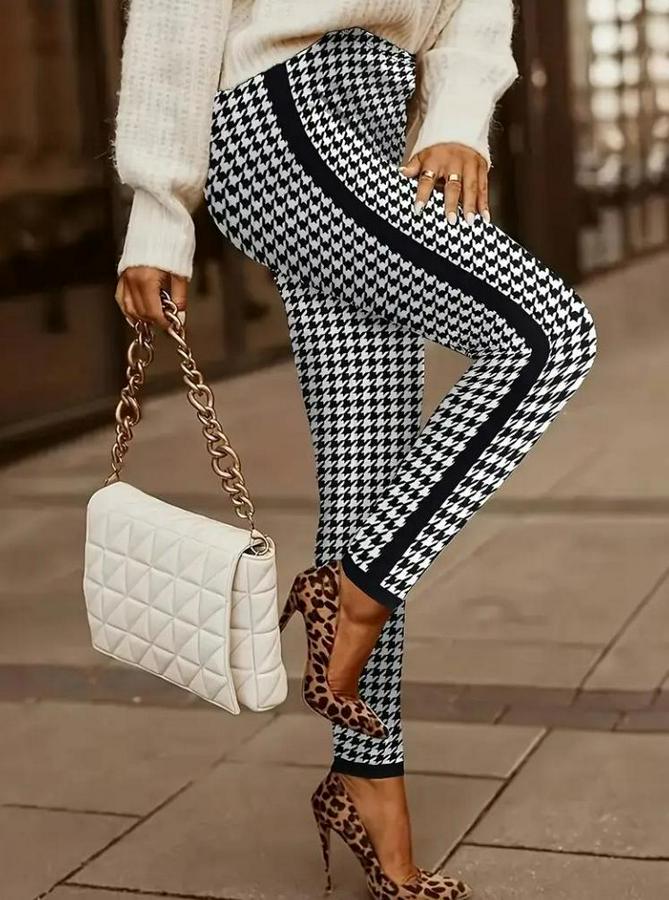 Yüksek Bel Kaz Ayağı Desenli Yanları Şeritli Dalgıç Pantolon