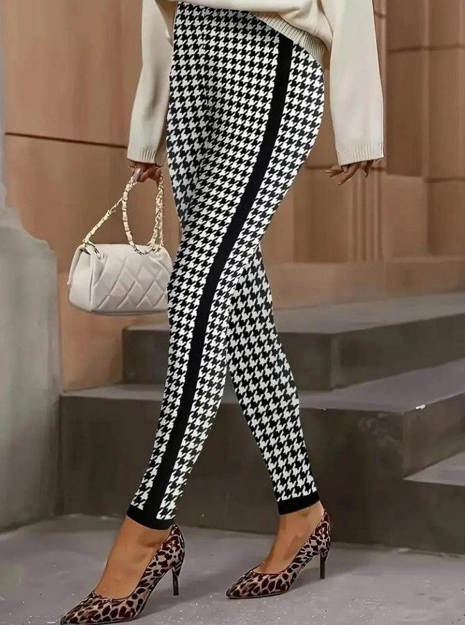 Yüksek Bel Kaz Ayağı Desenli Yanları Şeritli Dalgıç Pantolon