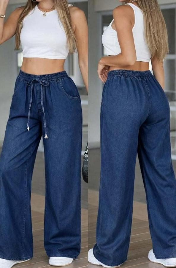 Yüksek Bel Lastikli Bağcıklı Kot Pantolon