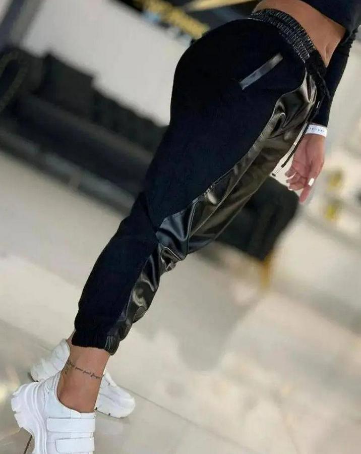 Yüksek Bel Lastikli Cepli Deri Detaylı Dalgıç Pantolon