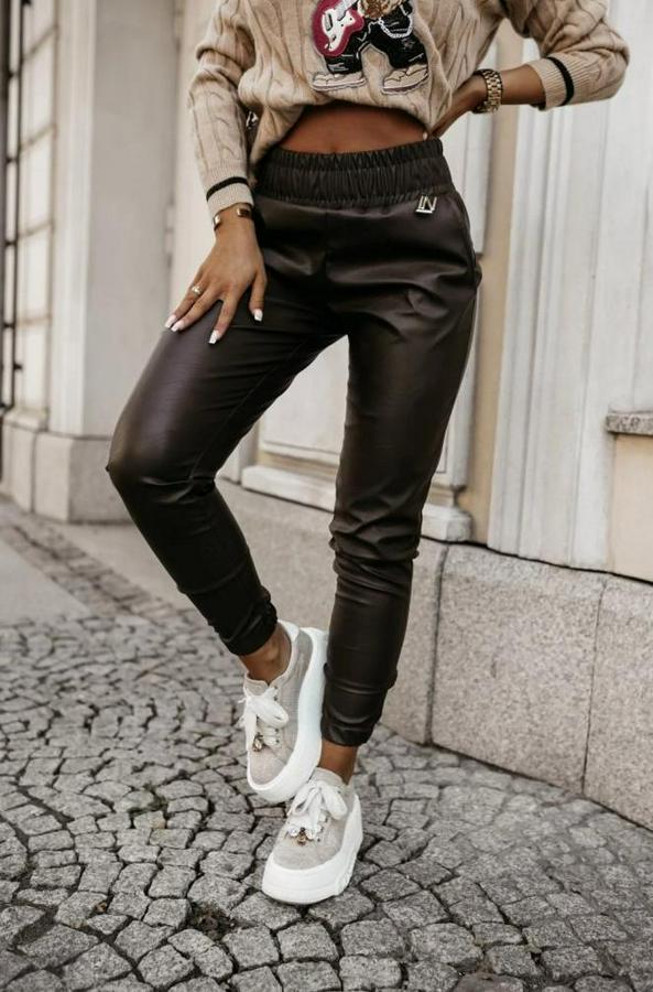 Yüksek Bel Lastikli Cepli Deri Pantolon