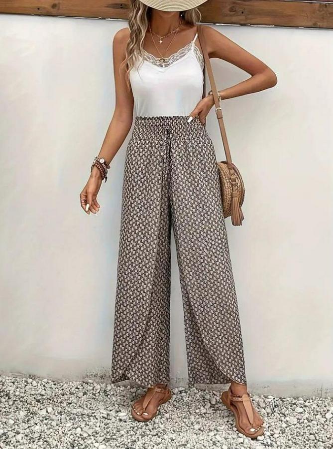 Yüksek Bel Lastikli Önden Iki Parçalı Desenli Bürümcük Pantolon