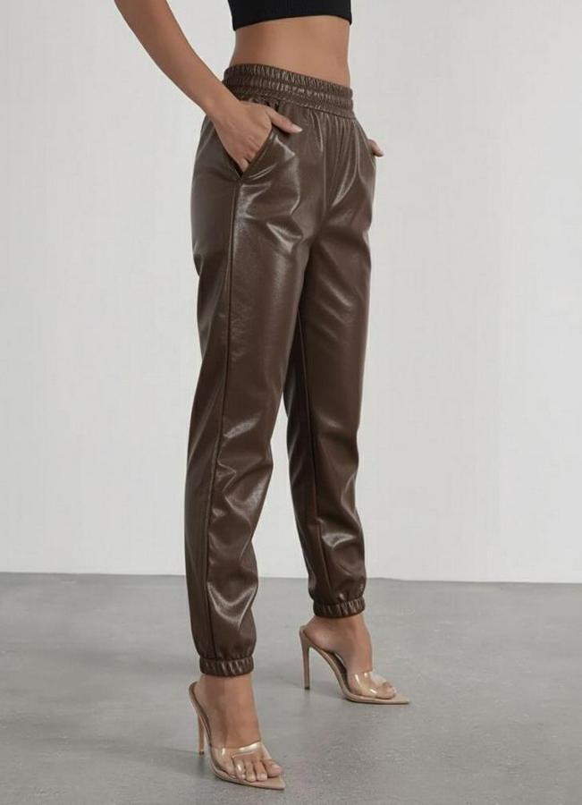 Yüksek Bel Lastikli Önü Düğmeli Deri Pantolon