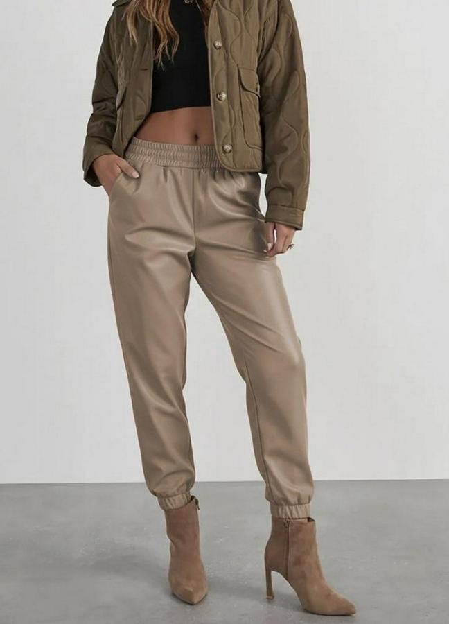 Yüksek Bel Lastikli Önü Düğmeli Deri Pantolon