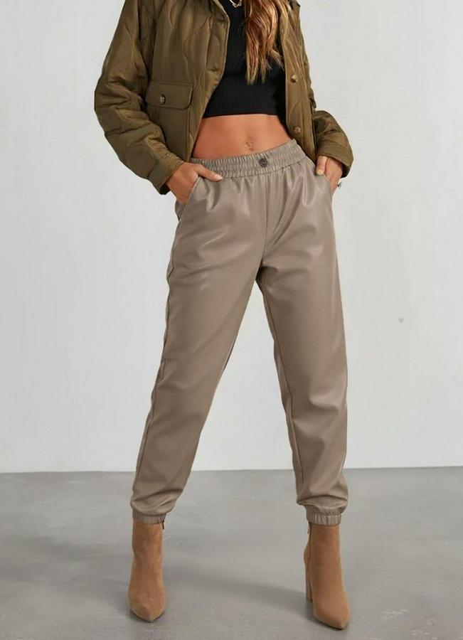 Yüksek Bel Lastikli Önü Düğmeli Deri Pantolon