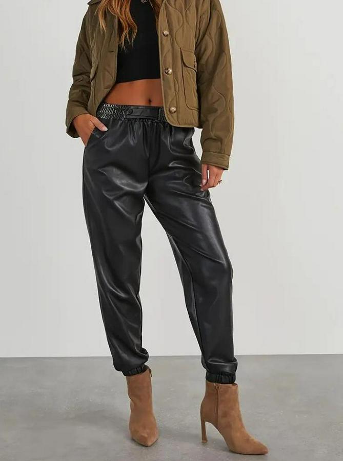 Yüksek Bel Lastikli Önü Düğmeli Deri Pantolon