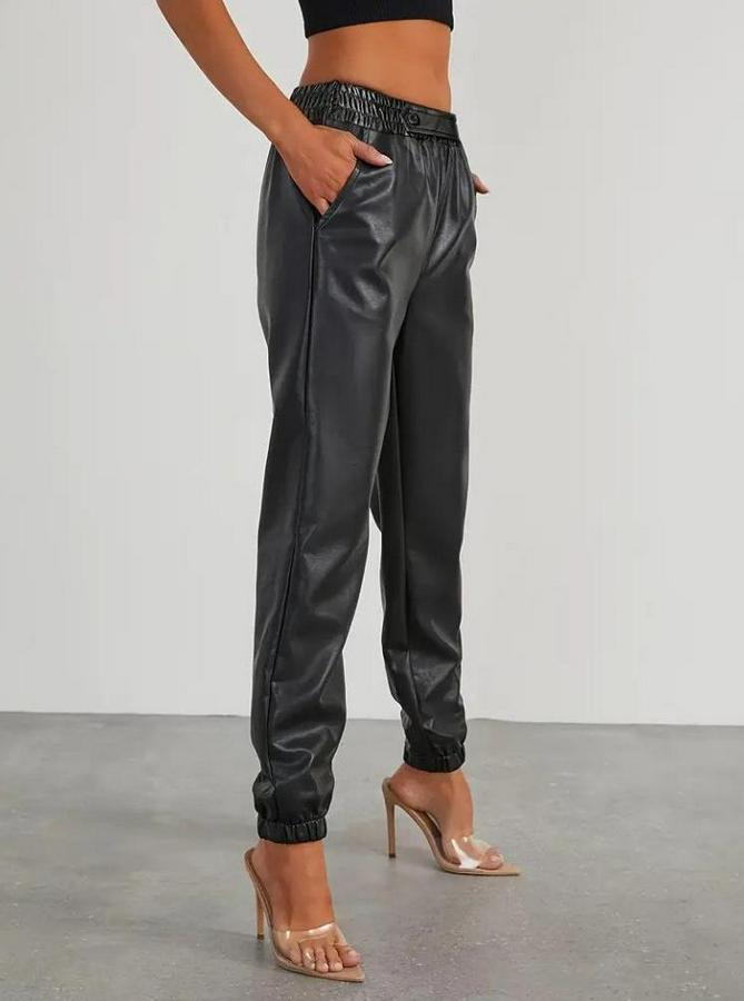 Yüksek Bel Lastikli Önü Düğmeli Deri Pantolon