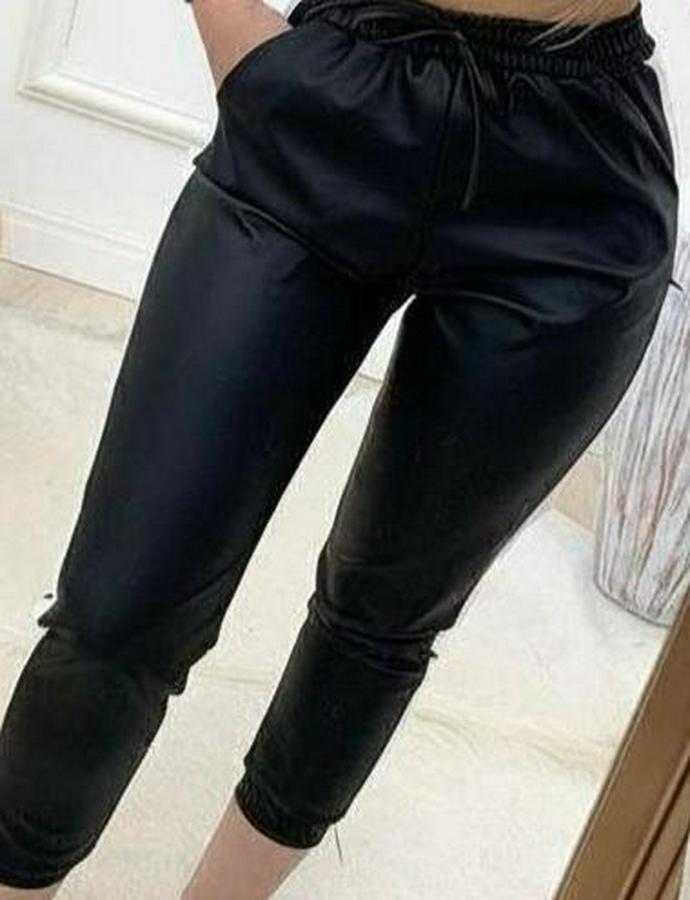 Yüksek Bel Lastikli Yan Şerit Detaylı Deri Pantolon