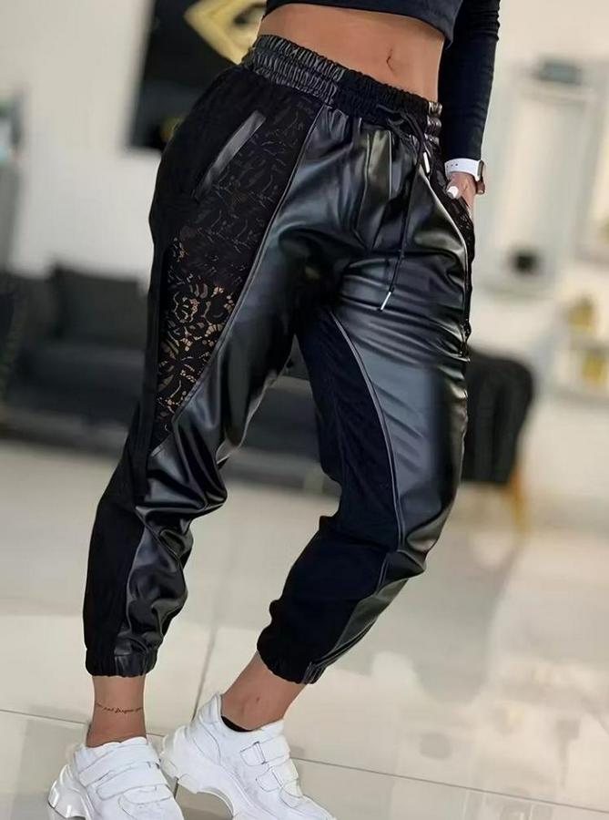 Yüksek Bel Lastikli Yanda Dantel Detaylı Bağcıklı Deri Pantolon