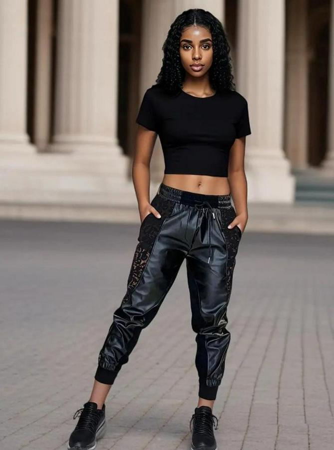 Yüksek Bel Lastikli Yanda Dantel Detaylı Bağcıklı Deri Pantolon