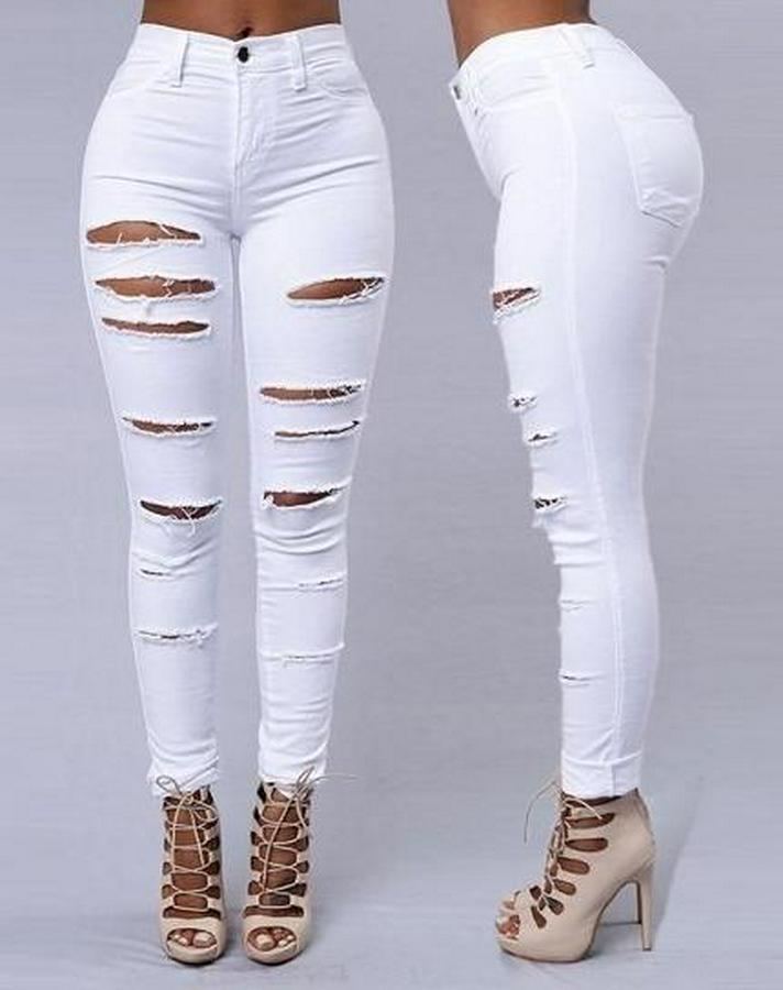 Yüksek Bel Lazer Yırtık Desenli Kot Pantolon