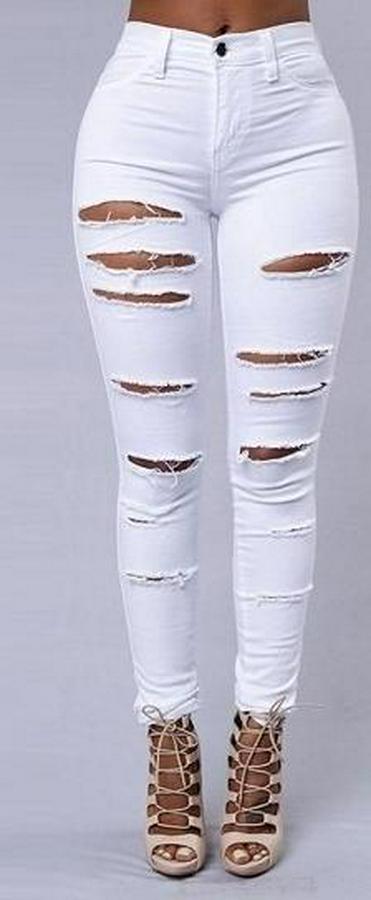 Yüksek Bel Lazer Yırtık Desenli Kot Pantolon