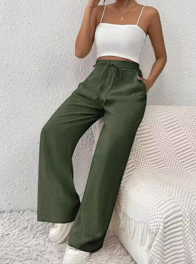 Yüksek Bel Önden Bağlamalı Geniş Kesim Keten Pantolon