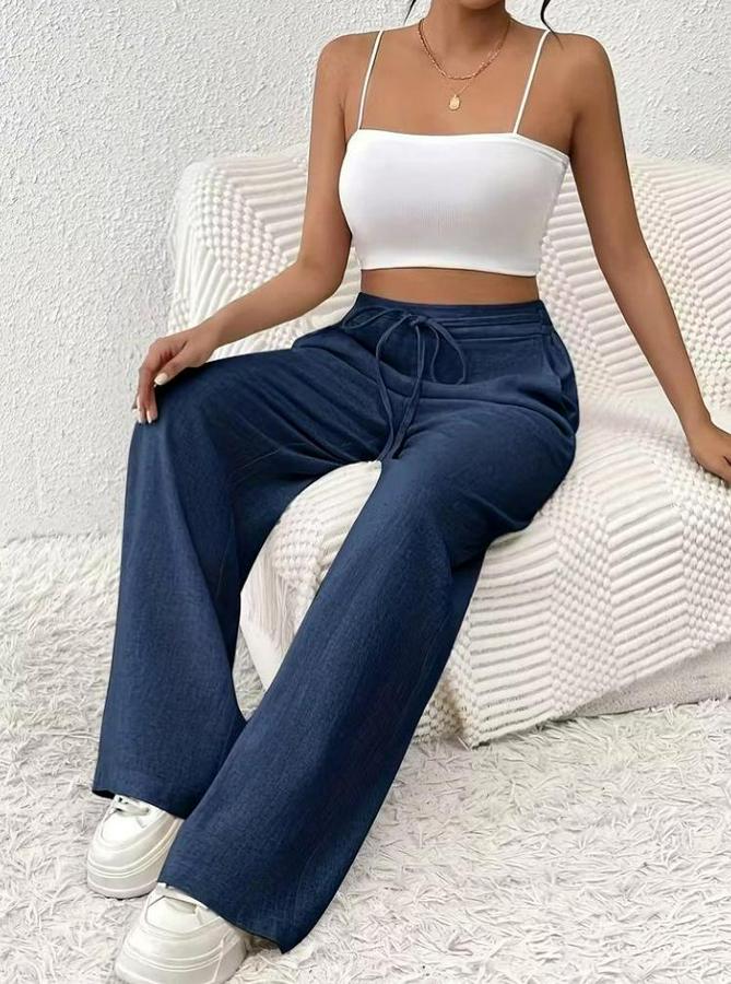 Yüksek Bel Önden Bağlamalı Geniş Kesim Keten Pantolon