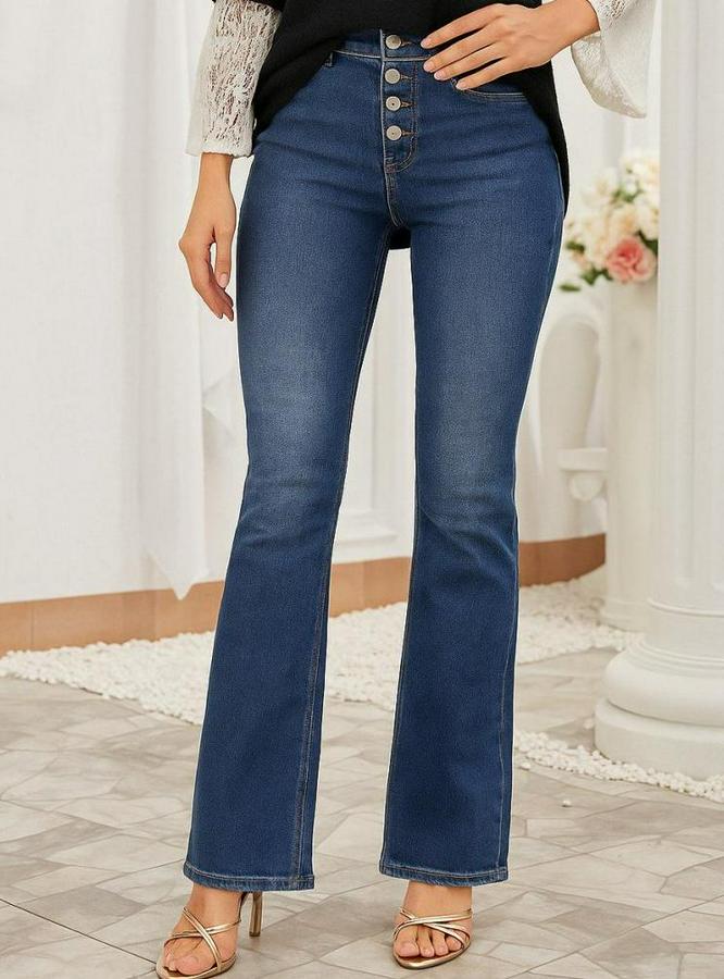 Yüksek Bel Önden Düğmeli Cep Detay Ispanyol Paça Denim Pantolon