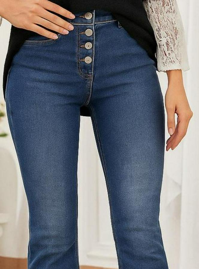 Yüksek Bel Önden Düğmeli Cep Detay Ispanyol Paça Denim Pantolon