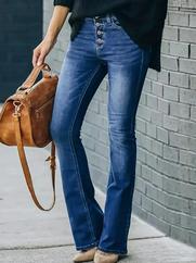 Yüksek Bel Önden Düğmeli Cep Detay Ispanyol Paça Denim Pantolon