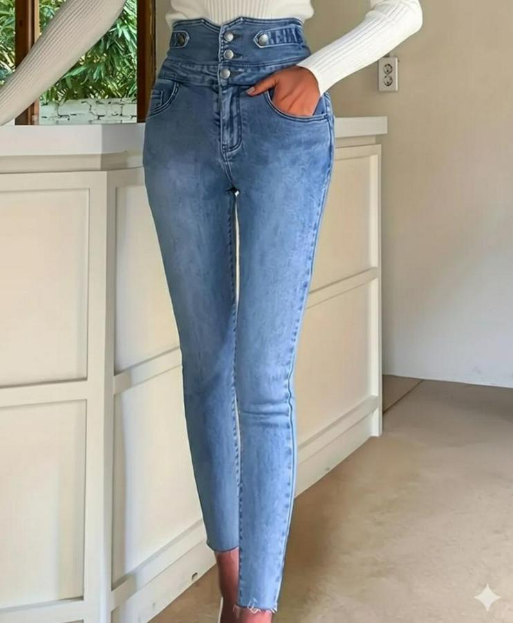 Yüksek Bel Önden Düğmeli Cepli Dar Kesim Detaylı Kot Pantolon