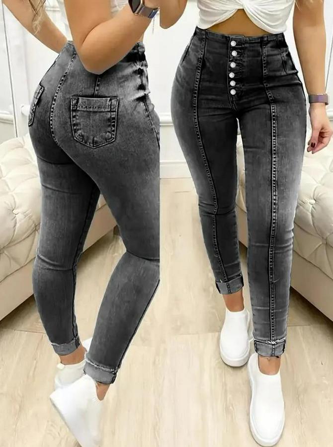 Yüksek Bel Önden Düğmeli Jean Pantolon