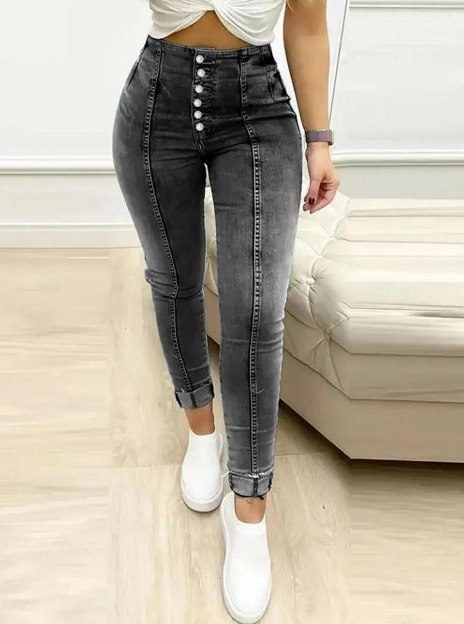 Yüksek Bel Önden Düğmeli Jean Pantolon