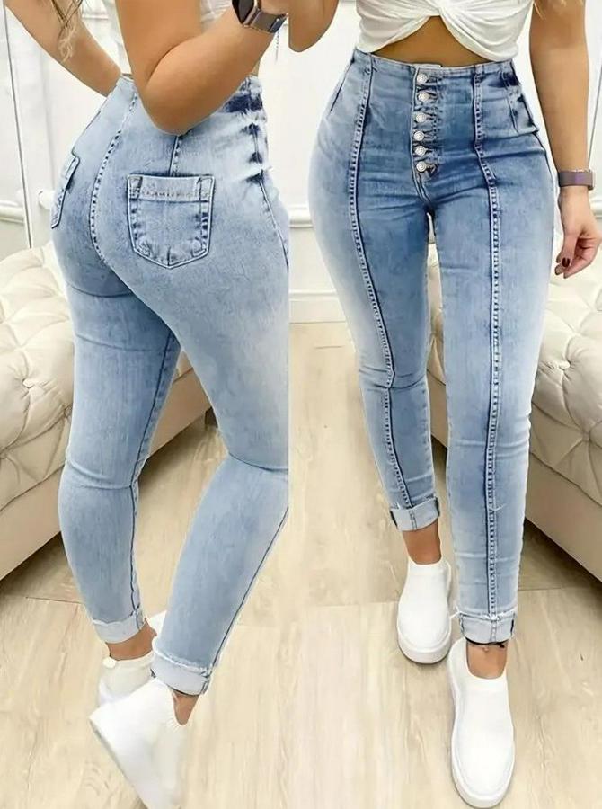 Yüksek Bel Önden Düğmeli Jean Pantolon