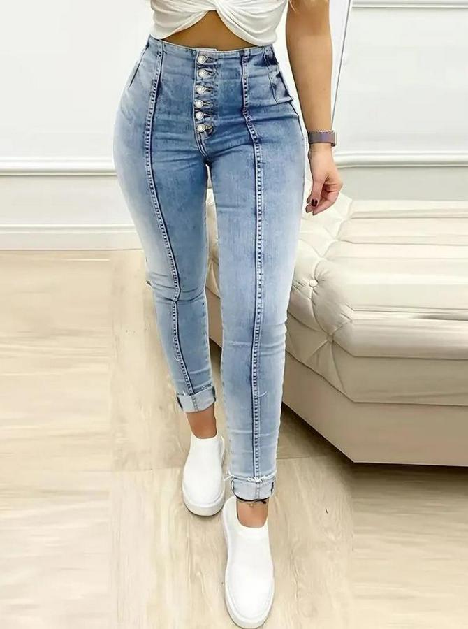 Yüksek Bel Önden Düğmeli Jean Pantolon