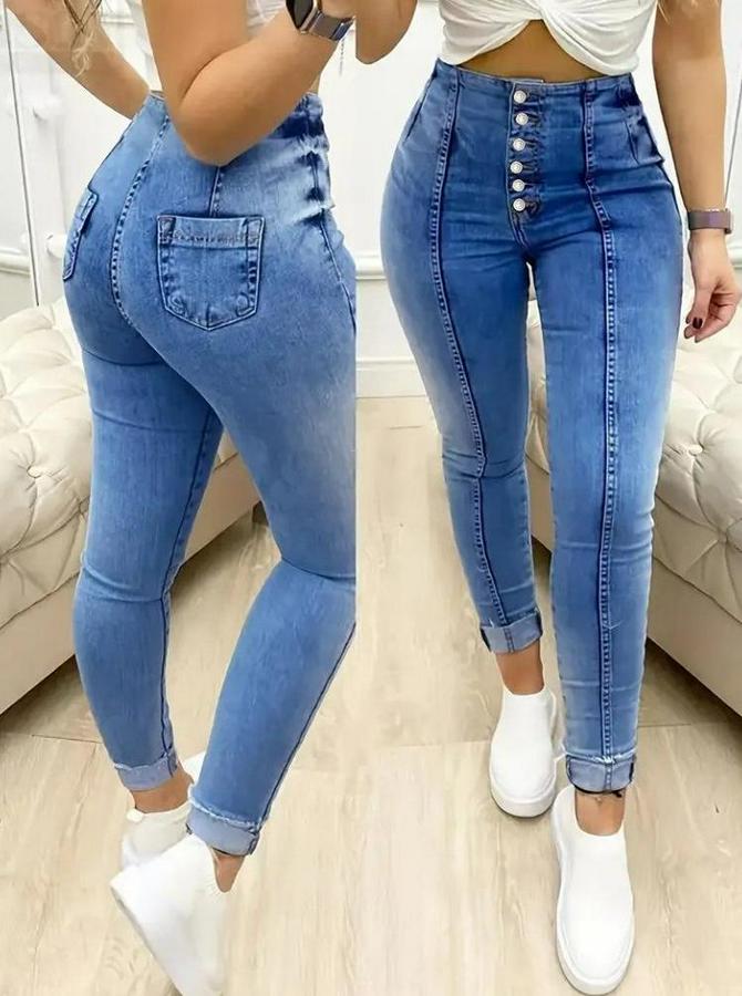 Yüksek Bel Önden Düğmeli Jean Pantolon