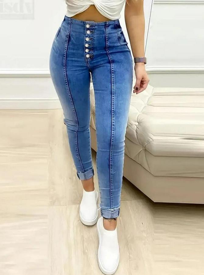 Yüksek Bel Önden Düğmeli Jean Pantolon