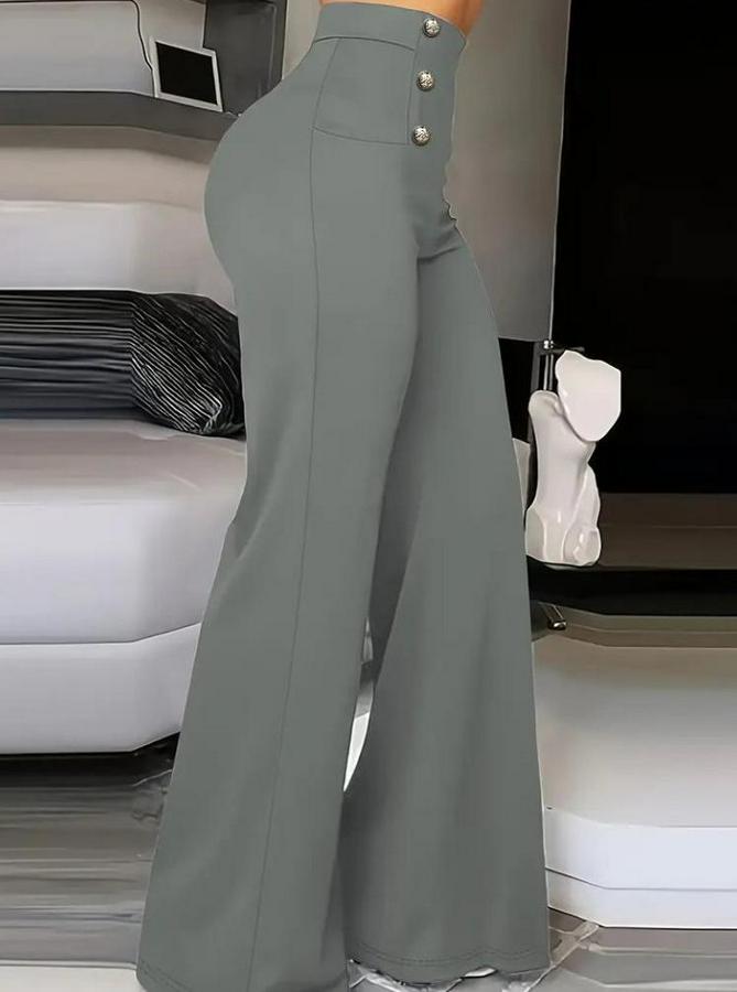 Yüksek Bel Önden Düğmeli Uzun Paçaya Doğru Geniş Ithal Krep Pantolon