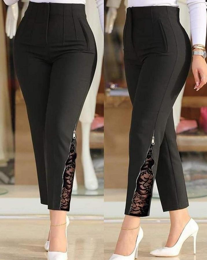 Yüksek Bel Önden Nervürlü Ve Fermuarlı Yandan Dantelli Ithal Krep Pantolon
