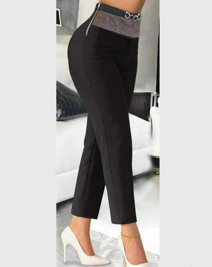 Yüksek Bel Önden Taşlı Ve Tokalı Ithal Krep Pantolon