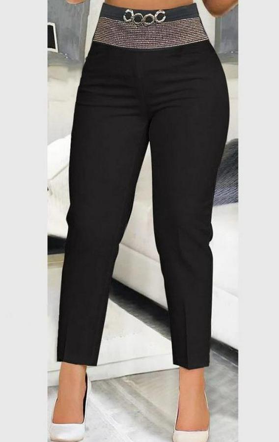 Yüksek Bel Önden Taşlı Ve Tokalı Ithal Krep Pantolon