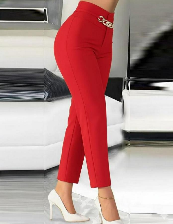 Yüksek Bel Önden Zincir Detaylı Ithal Krep Pantolon