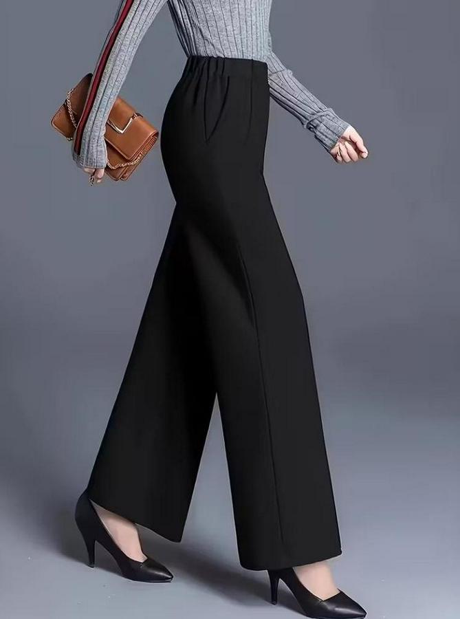 Yüksek Bel Önü Nervürlü Paçaya Doğru Geniş Ithal Krep Pantolon
