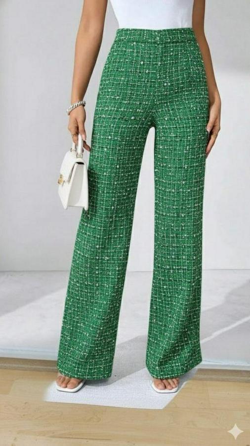 Yüksek Bel Paçaya Doğru Geniş Dokuma Pantolon