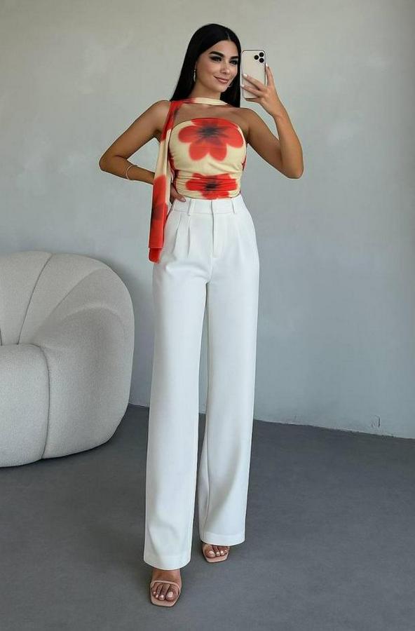 Yüksek Bel Plise Detay Bol Paça Pantolon