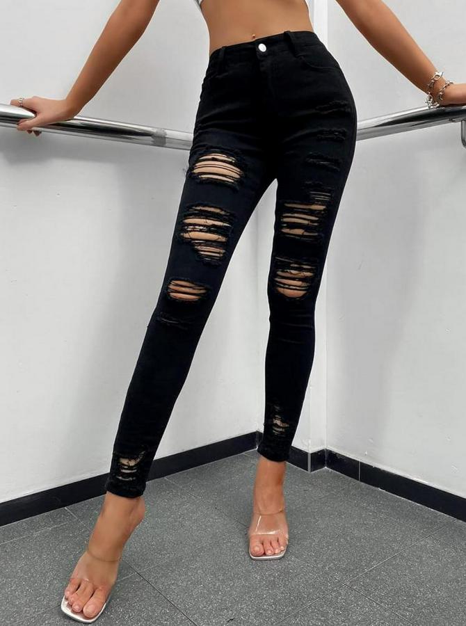 Yüksek Bel Slim Fit Lazer Kesim Yırtık Pantolon