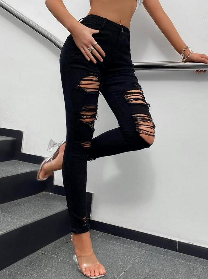 Yüksek Bel Slim Fit Lazer Kesim Yırtık Pantolon