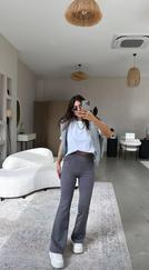 Yüksek Bel Süet Kumaş Ispanyol Paça Detay Pantolon