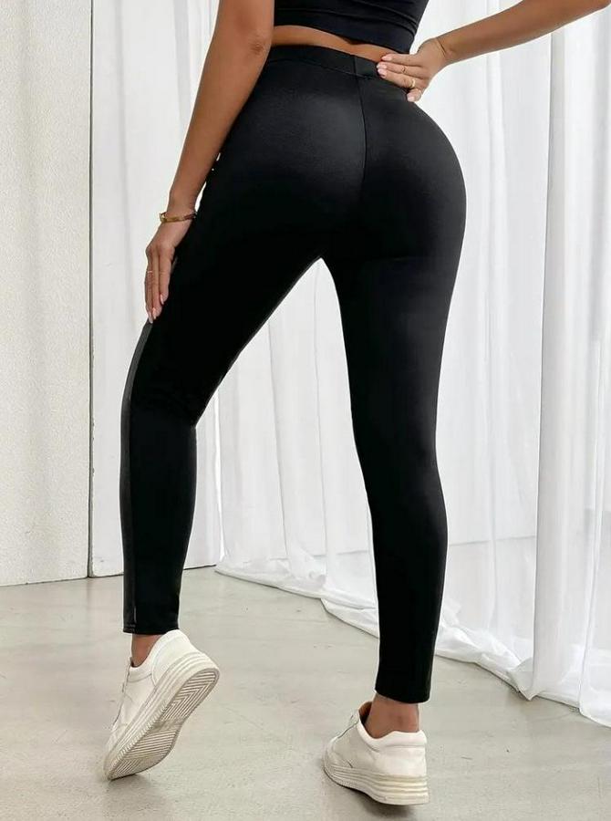 Yüksek Bel Yan Şerit Deri Detay Fermuarlı Dalgıç Tayt